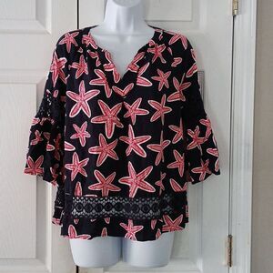 Crown & Ivy navy and pink starfish  bell sleeve tunic crochet accents  Sz MP